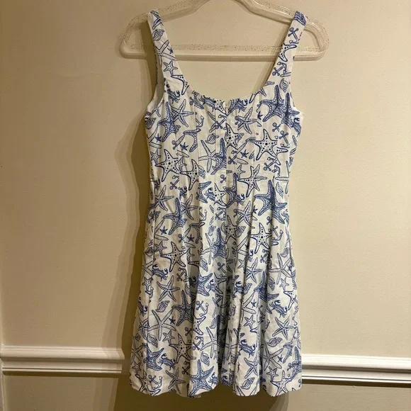 NWT Avec Les Filles Linen Blend Fit Flare Nautical Starfish Anchor Dress Size 2 - Picture 8 of 10